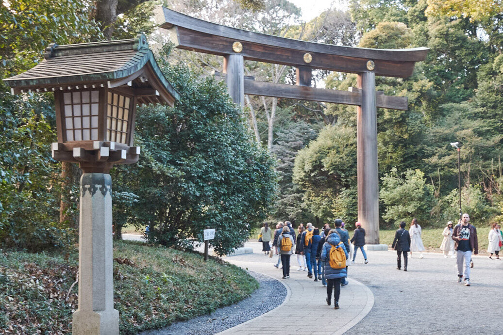 Porte Torii al santuario shintoista di Meiji Jingu che rappresentano l'accesso al mondo degli dei.